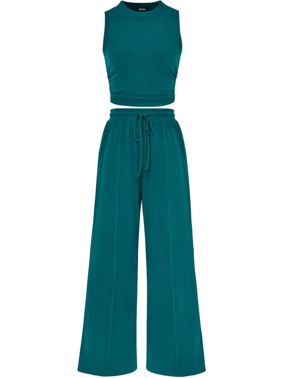 🔥Women Sleeveless Cropped Top Elastic Waist Wide Leg Pants 2 Piece Set