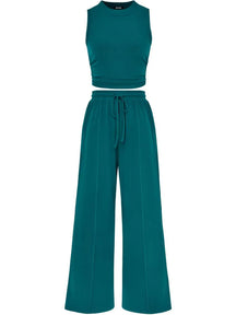 🔥Women Sleeveless Cropped Top Elastic Waist Wide Leg Pants 2 Piece Set