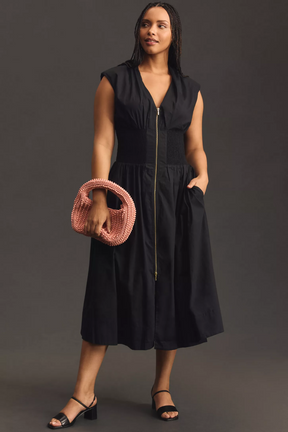 Cap-Sleeve Smocked Front-Zip Shirt Dress(BUY 2 FREE SHIPPING)