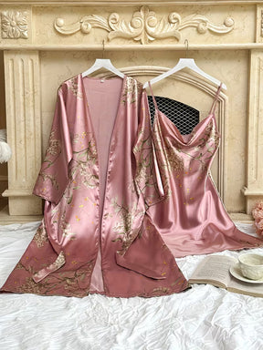Women'S Small Cherry Print Fashion Sexy Robe And Nightgown 2pcs Set