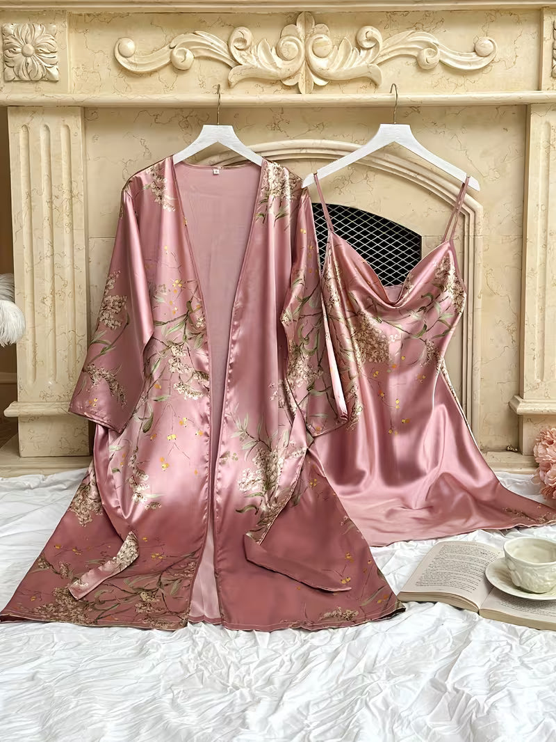 Women'S Small Cherry Print Fashion Sexy Robe And Nightgown 2pcs Set