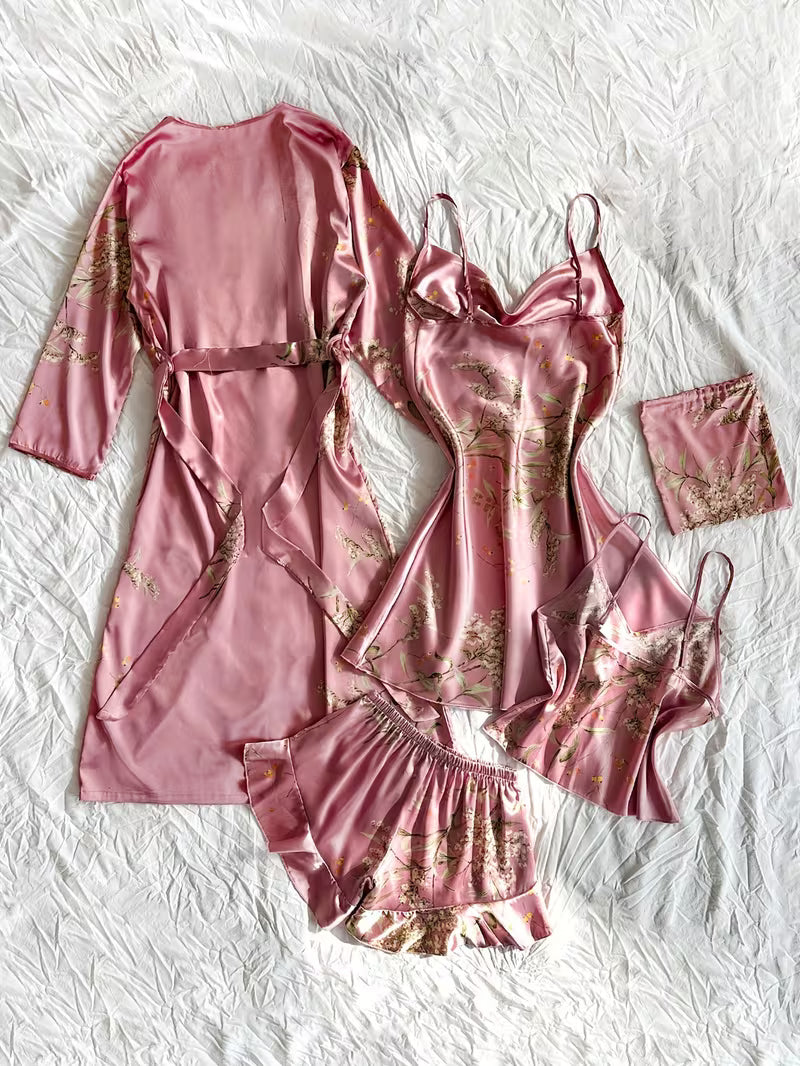 Women's Four-Season Breathable Comfortable Printed Nightgown Set, 5pcs