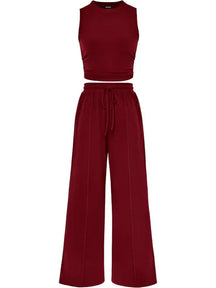 🔥Women Sleeveless Cropped Top Elastic Waist Wide Leg Pants 2 Piece Set