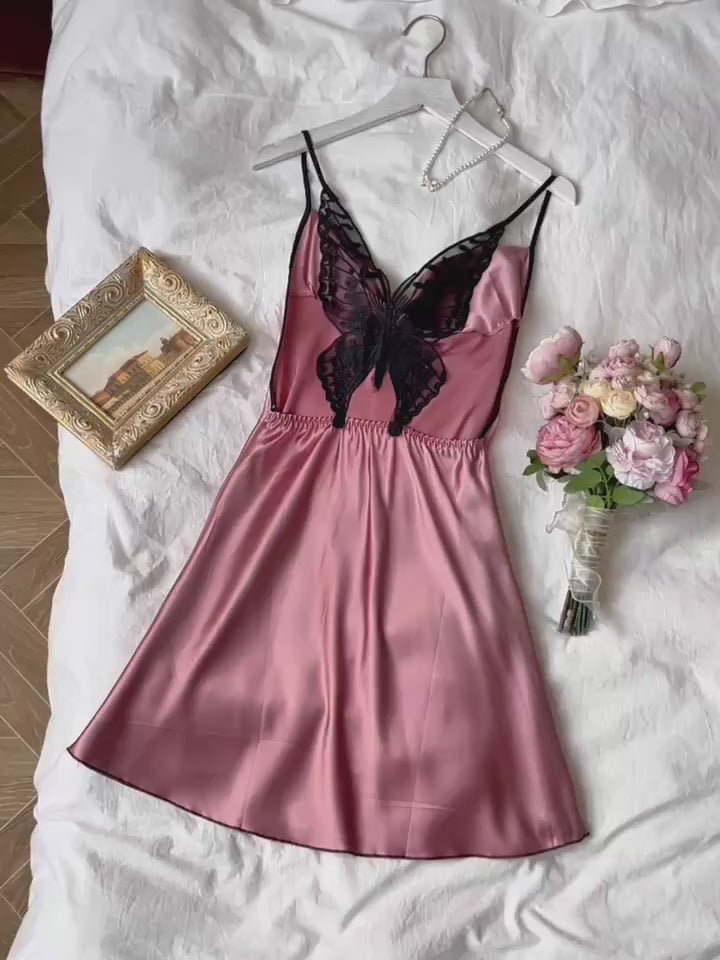 Women's Sexy Solid Satin Butterfly Lace Sleepwear Dress