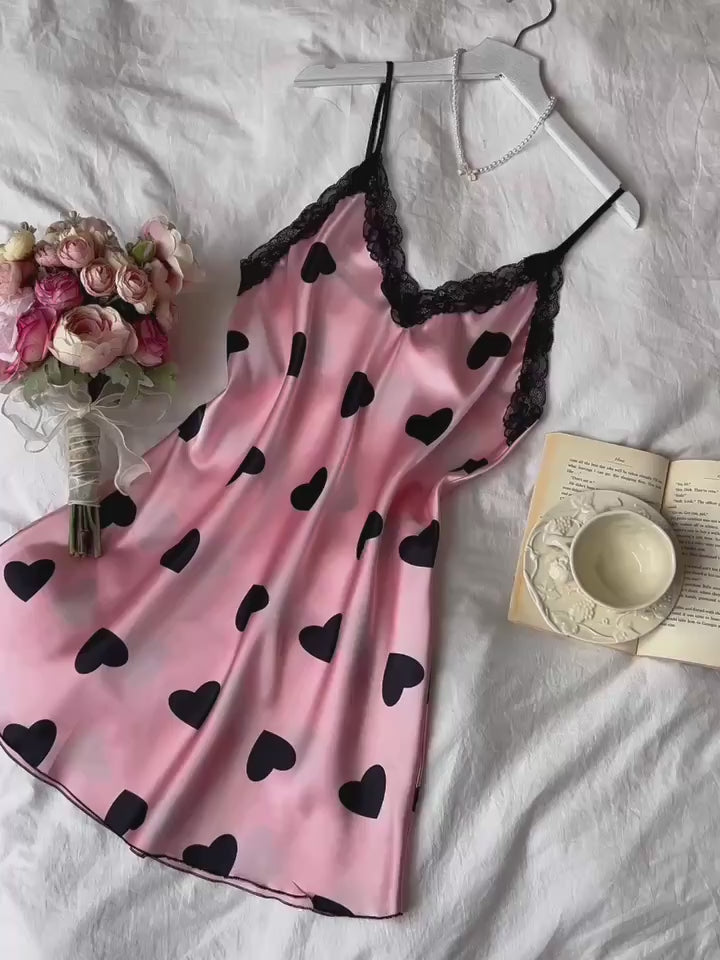 Women's Festive Heart Print Contrast Lace Spaghetti Strap Sexy Nightgown