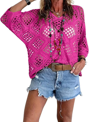 🌷🌷Limited time sale🔥Womens Bohemian-Inspired Beige Crochet Top with V-Neck