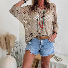 🌷🌷Limited time sale🔥Womens Bohemian-Inspired Beige Crochet Top with V-Neck