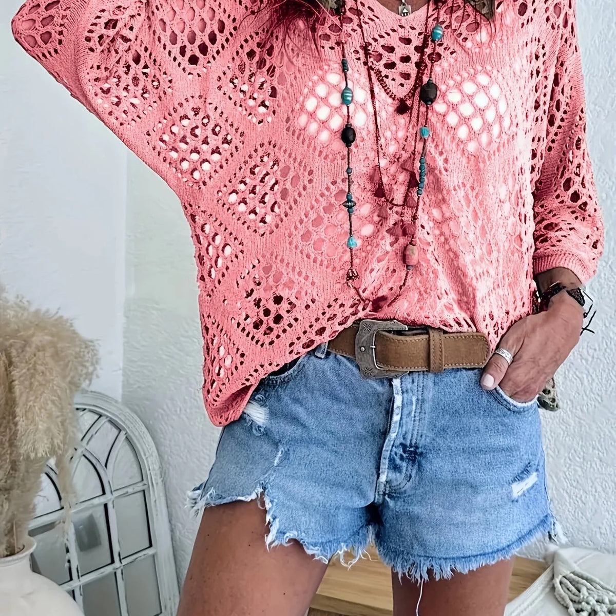 🌷🌷Limited time sale🔥Womens Bohemian-Inspired Beige Crochet Top with V-Neck