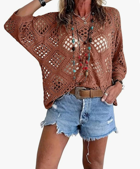 🌷🌷Limited time sale🔥Womens Bohemian-Inspired Beige Crochet Top with V-Neck